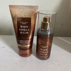 2 NEW Bath & Body works WARM VANILLA SUGAR Body Cream, 2.5 oz TRAVEL SIZE + Mist