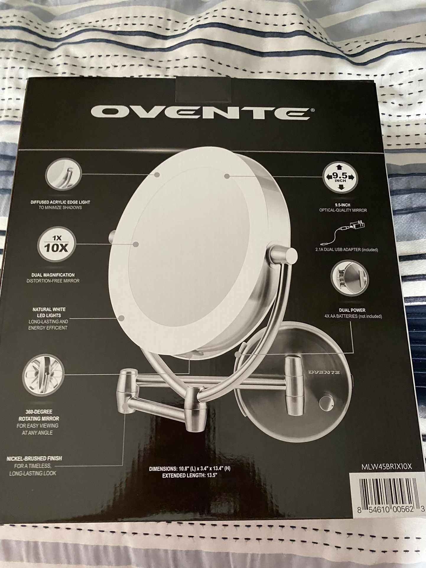 NIB Ovente 10x Zoom Wall Mounted Lighted Mirror
