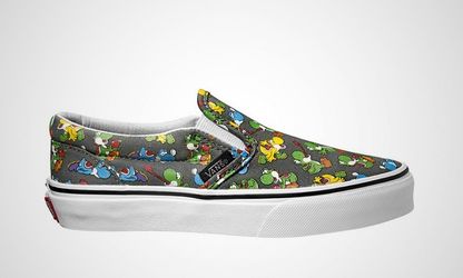 New Vans Kids Slip-On Sneakers in Gray with Multicolor Yoshi Print - Nintendo