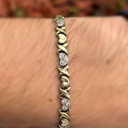 Jewelry 14k hollow yellow gold XO heart white CZ 2.00CTW bracelet 7.75” 6.00mm 7.30g