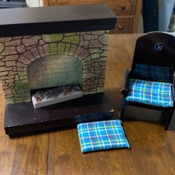 Toys R Us 18" Doll Fireplace, fake fire, 1 Chair w/cushion, no doll