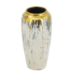 D6.5x14" Curved Ceramic Flower Vase with Abstract Gray Finish and Gold Trim