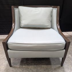 Mid-Century Inspired Wood Frame Accent Chair with Pale Blue Upholstery