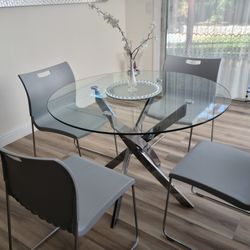 Dining Table Set Modern Elegant Style, Tempered Glass, Stainless Steel Legs, 4 Chairs Heavy Strong Acrylic Material, High Quality, Color Light Grey, S