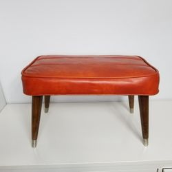 Mid Century Ottoman Foot Stool Leather Orange Tapered Legs Rectangular modern 