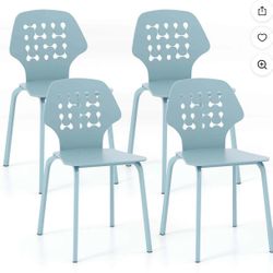 Metal Dining Chair Set of 4 Armless Kitchen Hollowed Backrest & Metal Legs Blue