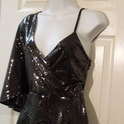 Sexy Silver Sequin One Sleeve Uneven Hem Mini Party Dress Size Large 