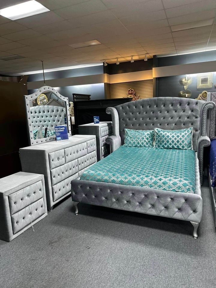 The Best Price Brand New Product 💐 Finance & Delivery Available ⭕▪️Alzir Velvet 5 Piece Queen Bedroom Set