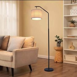 Modern Arc Floor Lamp w/ Pleated Drum Shade & Black Metal Base | Living Room