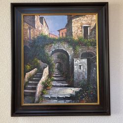 Original oil painting of cityscape on canvas