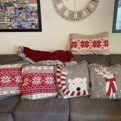OBO! MOVING SATURDAY! ALL MUST GO! Lot of 5 Christmas pillows & tree skirt. Check profile for more!