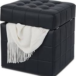 Modern 17” Square Storage Ottoman – Flip Lid, Faux Leather, Bedroom/Living Room