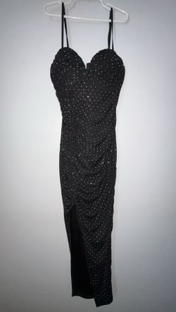 Black Rhinestone Ruched Corset Midi Dress with Slit