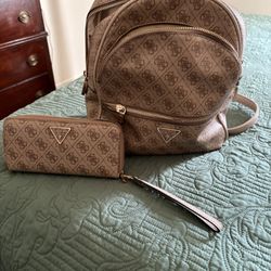 Guess Backpack Purse and Matching Wallet In Color “ Latte”