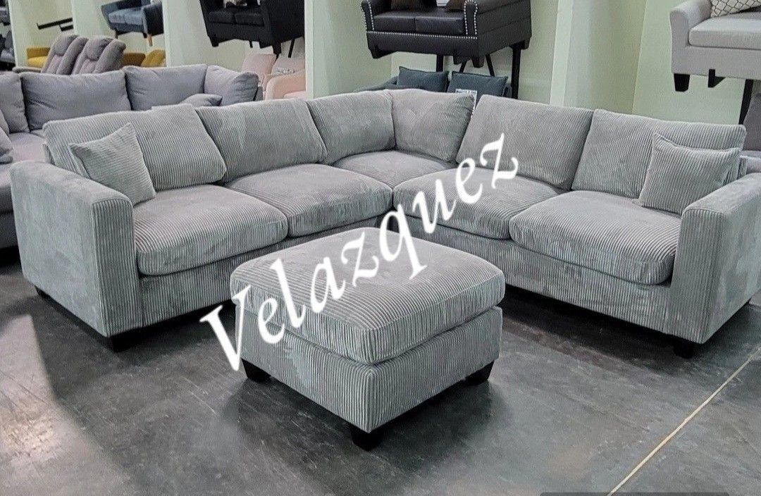 ✅️✅️ 4pc for grey corduroy fabric upholstered sectional sofa with ottoman ✅️✅️