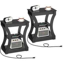 Set of 2 End Table with Charging Station, Side Tables
