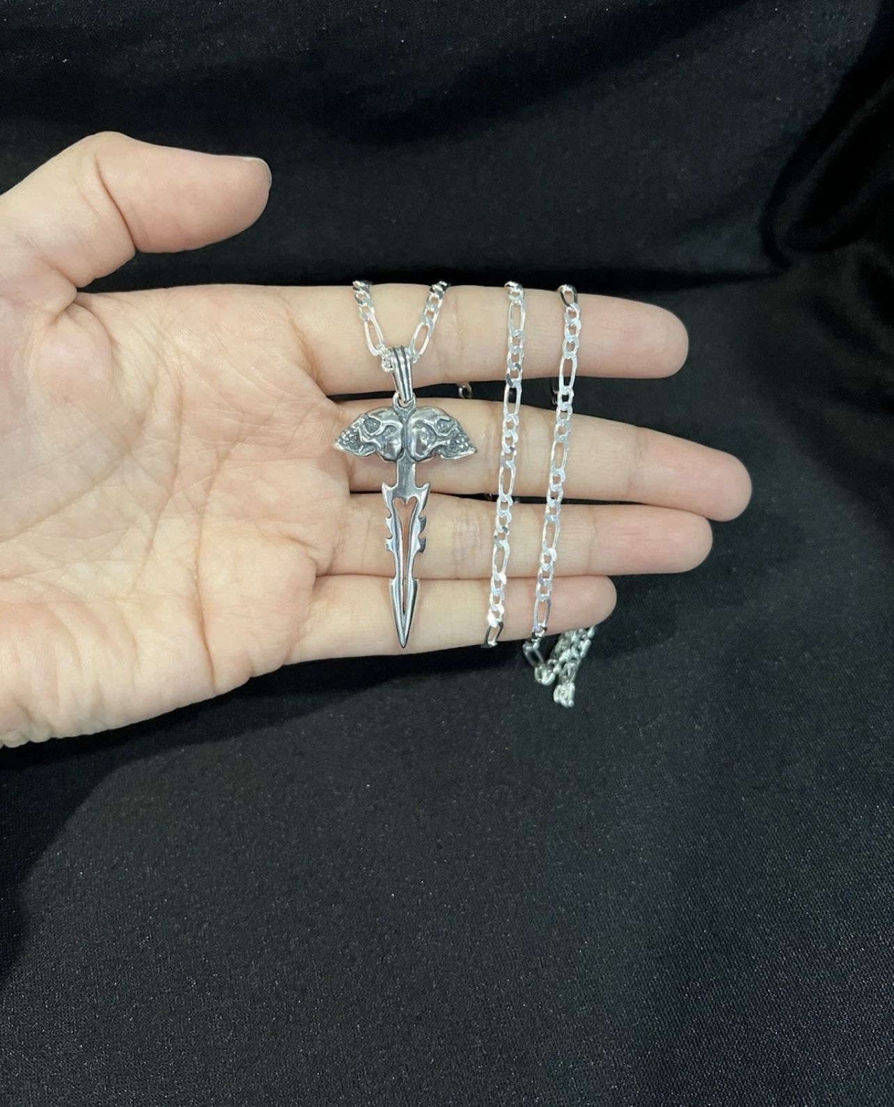 925 Sterling Silver Men Women Skulls Sword Biker Pendant & Figaro Chain