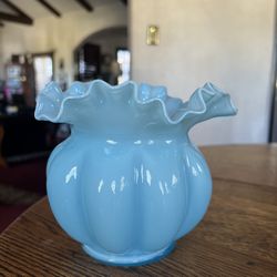 Vintage Fenton Light Blue Glass Melon Vase Ruffle 5 inches tall