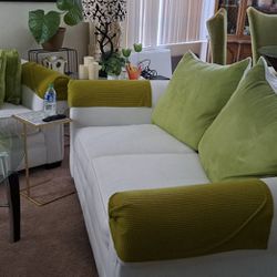 Loveseat White With Green Pillows
