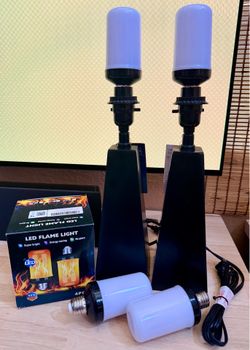 Set of 2 new Black Lamp Bases with 4 LED Flame Lightbulbs *Update: **2 Cork Lamp Shades avail for $10