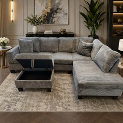 Modern Corduroy Sectional Sofa with Ottoman