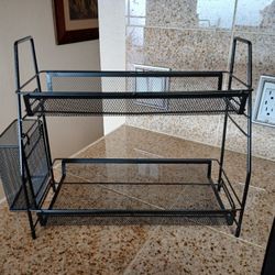 2 Tier Black Countertop Bathroom Organizer Shelf with Basket for Vanity Storage and Kitchen Spice Rack