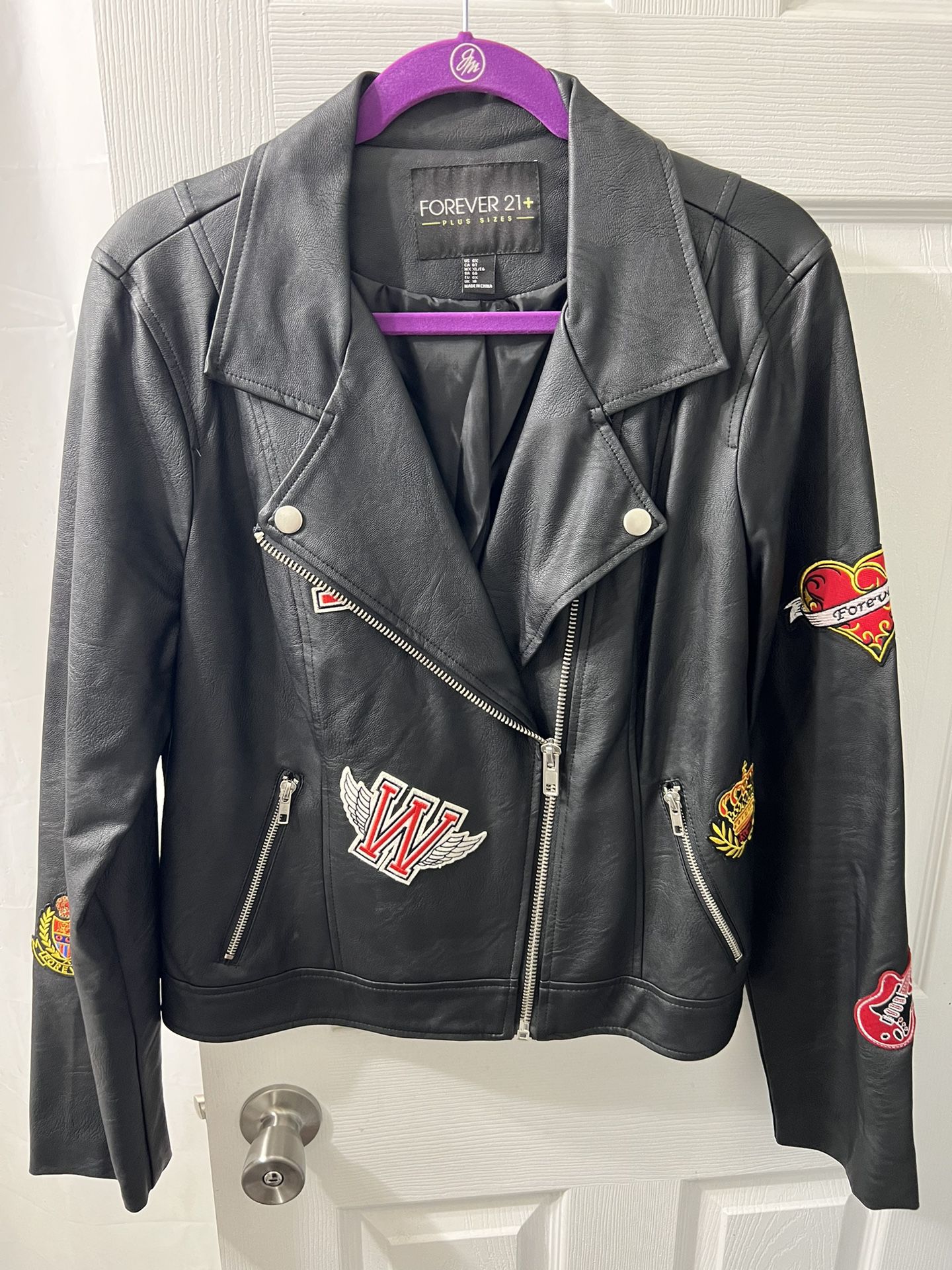 Faux Leather Jacket With Patches