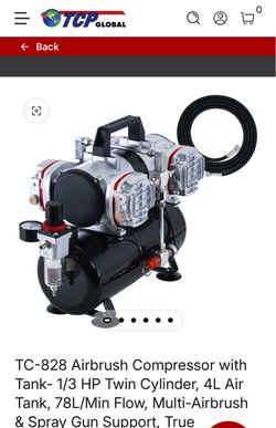 TC-828 Airbrush Compressor with Tank- 1/3 HP Twin Cylinder, 4L Air Tank, 78L/Min Flow, Multi-Airbrush & Spray Gun Support,