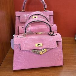 💗 Pink Croc-Embossed Structured Handbag with Scarf & Charm $200 OBO)