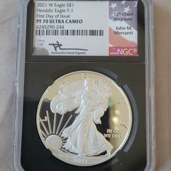 2021 W Silver Eagle Heraldic  Eagle T-1 PF70 Ultra Cameo Signed Signed the 12 Chief engraver John M Mercanti authentic hand sign
