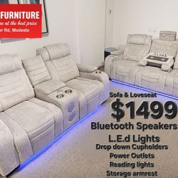Sofa & Loveseat Recliners With Drop Down Console With Power Plugs And Reading Lights And Bluetooth Speakers!!!