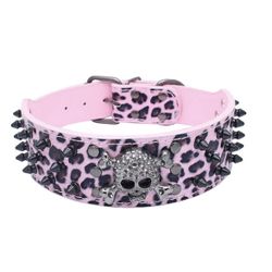  Spiked Skull Studded Leather Leopard Dog Collar 