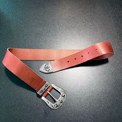 Brown leather western belt with silver buckle designs cowhide size small