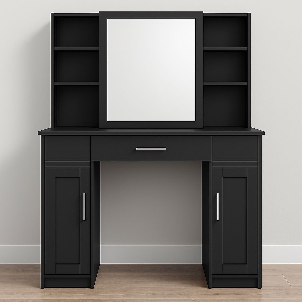 Black Vanity Table with Mirror & Shelves – New in Box