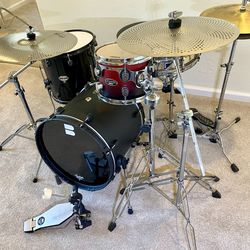 Compact drum set 18” bass Remo Mastertouch piccolo snare 10”PDP FS birch tom DDRUM Diablo 15” floor DW6000 low profile hihat PDP throne bass pedal new