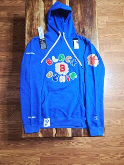 Black Denim Men's Blue Embroidered   Pullover Hoodie. Size  Medium