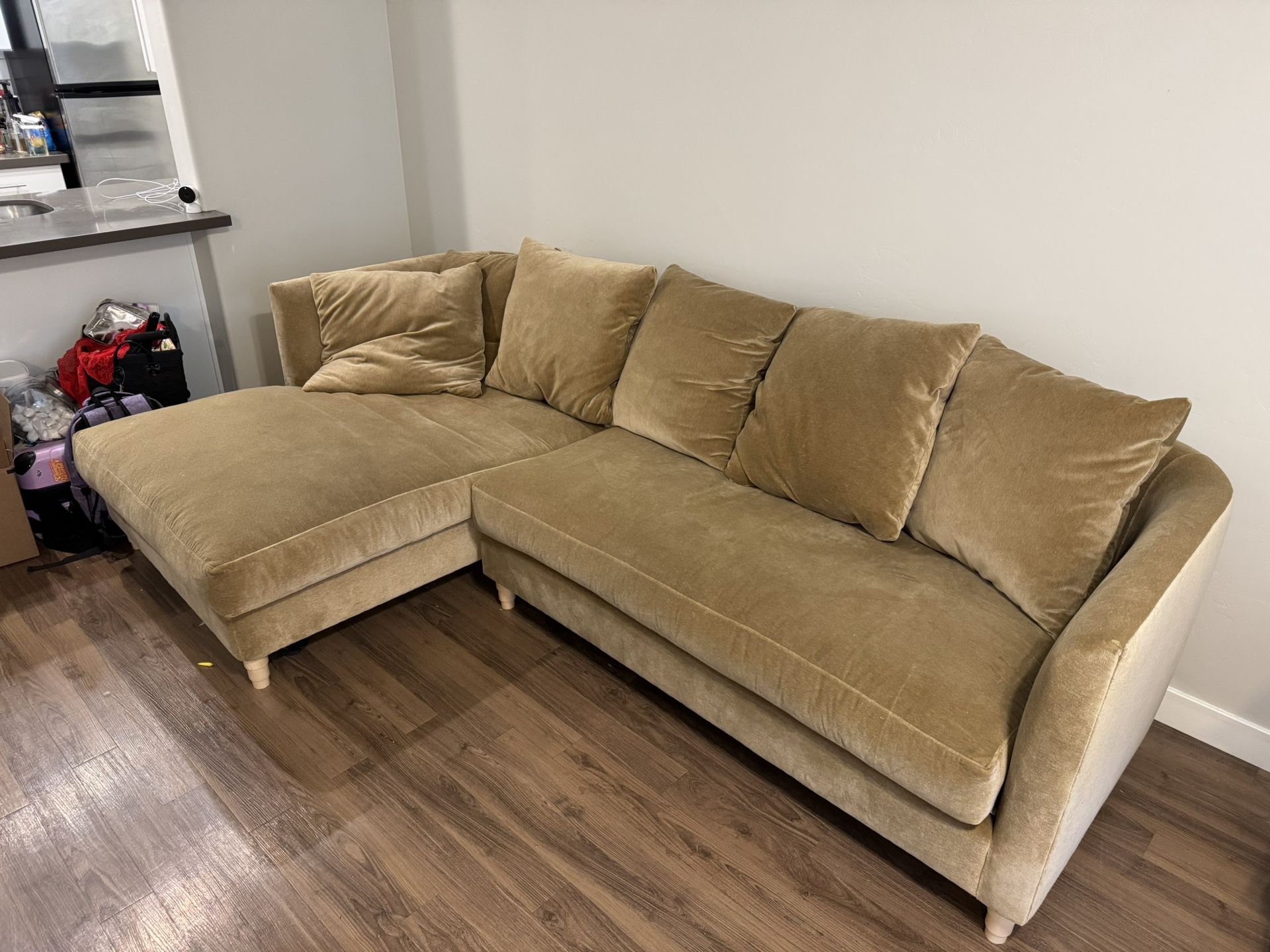 Tan L Shaped Couch With Down Back Cushions