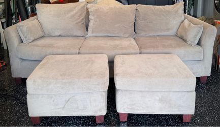 World Market Beige / Tan Sofa with 2 Ottoman Footrests