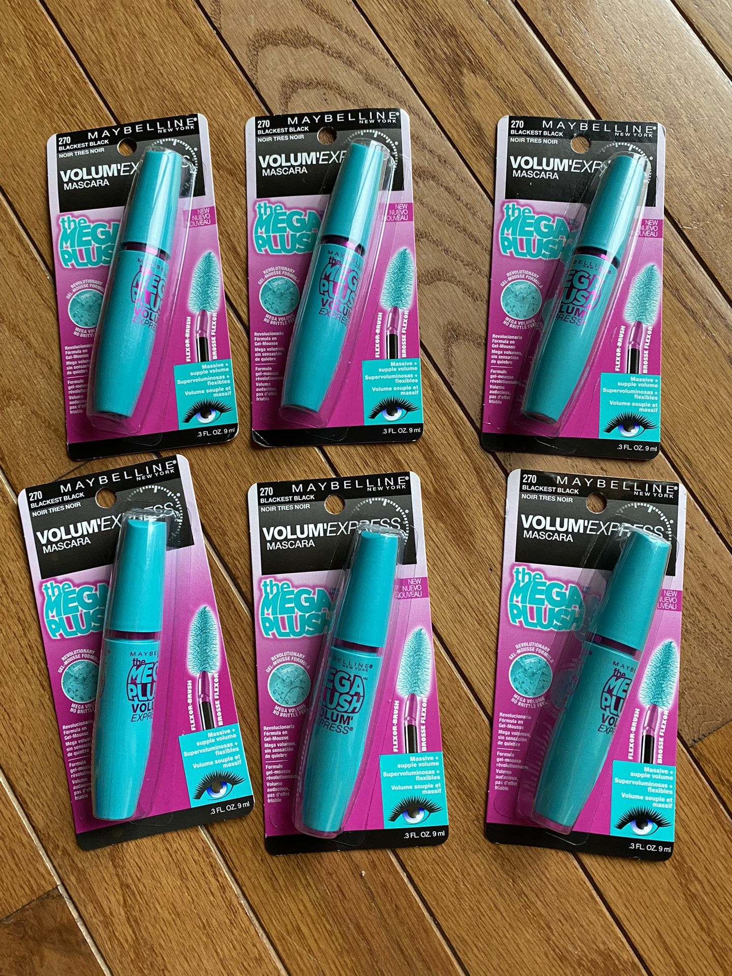 Lot Of 6 Maybelline Volum'Express Mega Plush Mascara #270 - Blackest Black