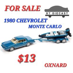 JOHNNY LIGHTNING 1980 CHEVY MONTE CARLO w/ BASS BOAT TRAILER 1/64 BLUE 