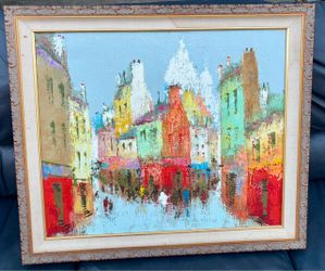 Framed Abstract Cityscape Oil Painting