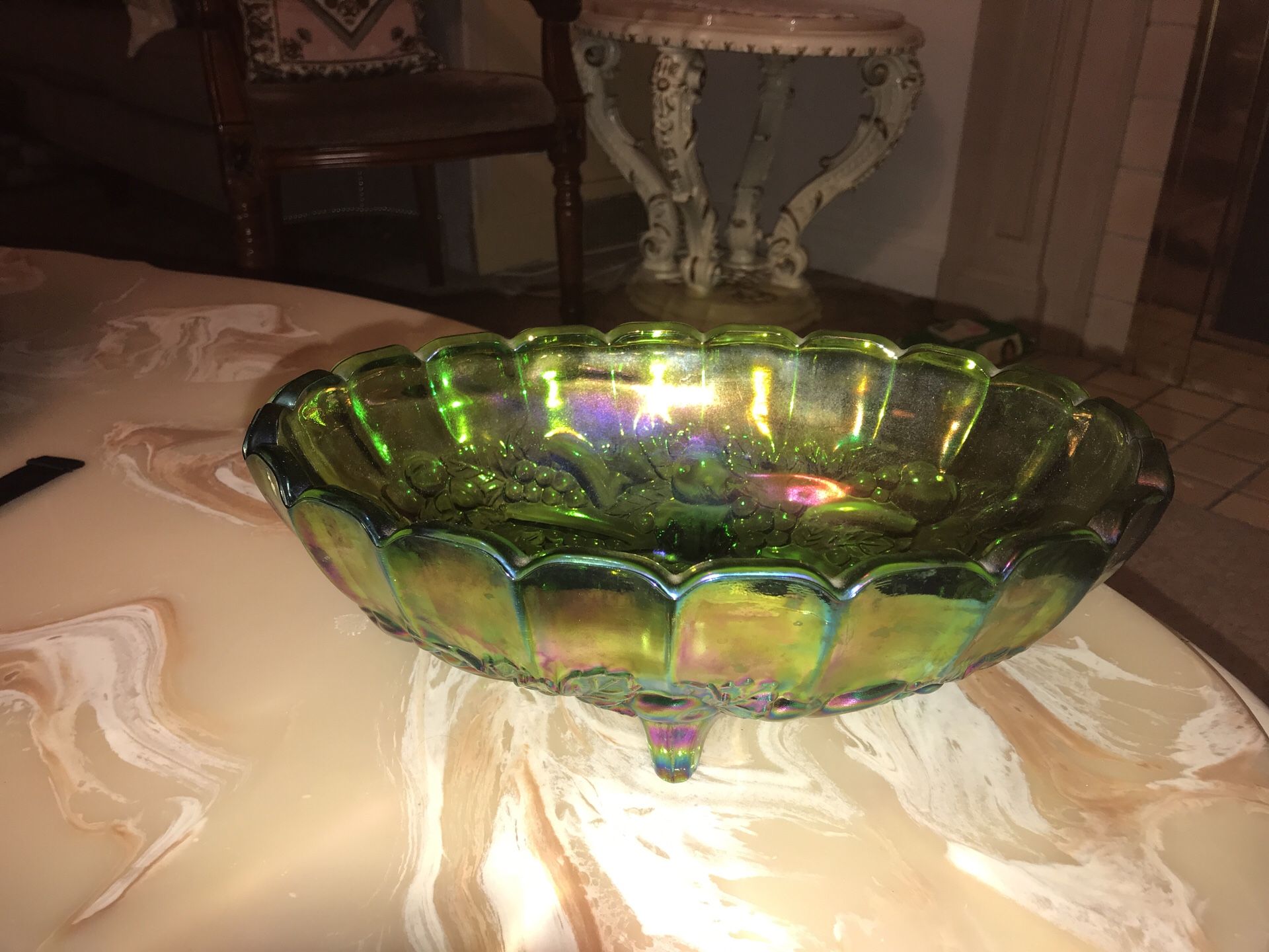 Vintage Iridescent Green Indiana Carnival Glass Footed Oval Fruit Bowl Harvest MINT