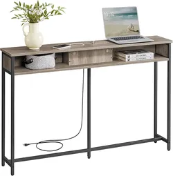 55-Inch Console Table with Outlet and Shelves, Sofa Table with Charging Station, Behind Couch Table