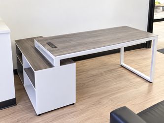 Like New 55 Inch Wide L Shaped Gaming/Computer Desk with 2 drawer Cabinet, Power Outlet, LED Strip.