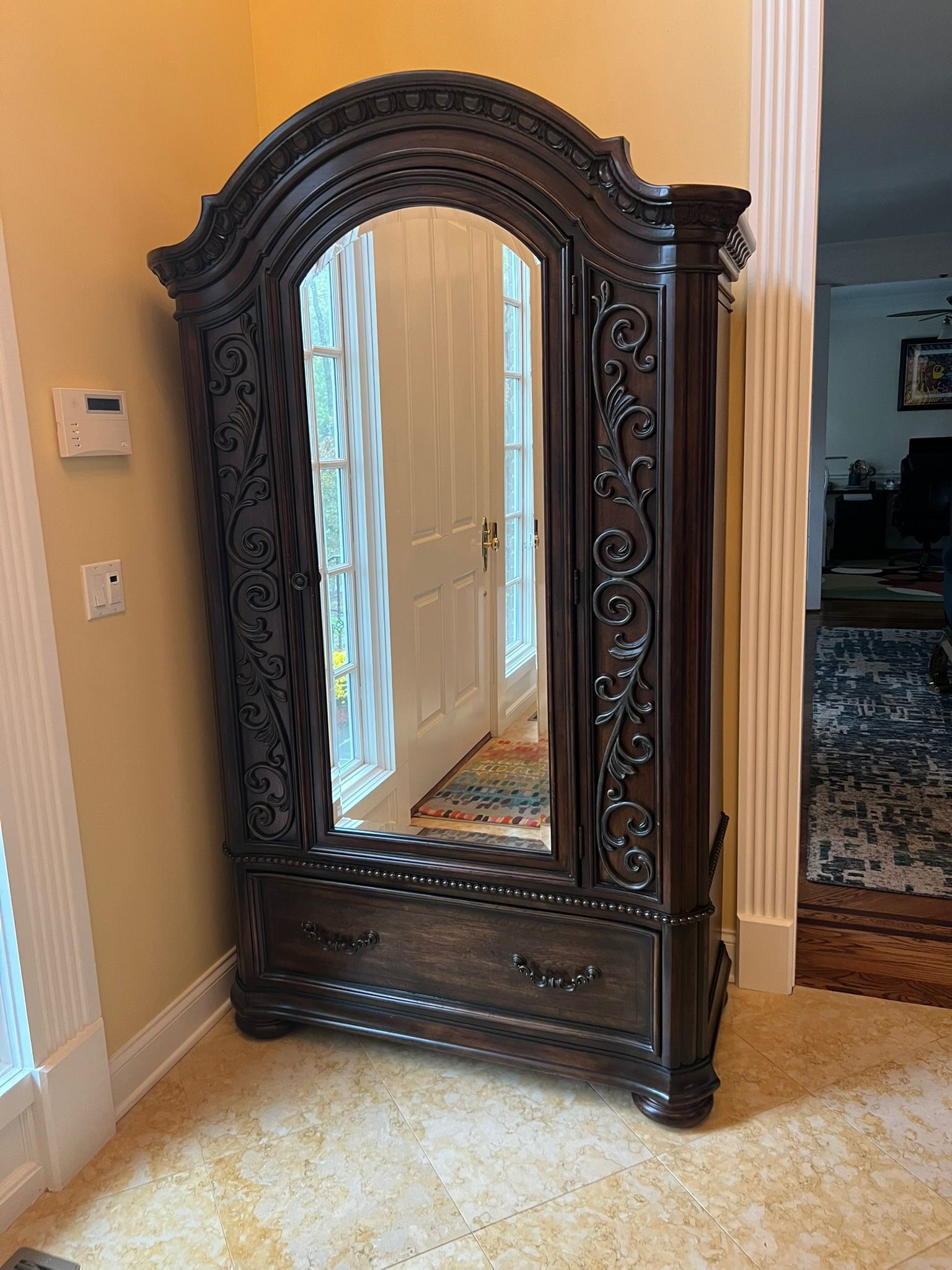 Beautiful Raymour and Flanagan Dark Cherry Armoire/Wardrobe Beveled Mirror door opens to wardrobe Bottom drawer Sides push open to shelf and hooks 81.