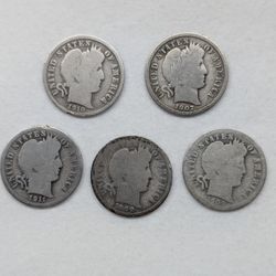 Set of 5 US 90% Silver Barber Dimes