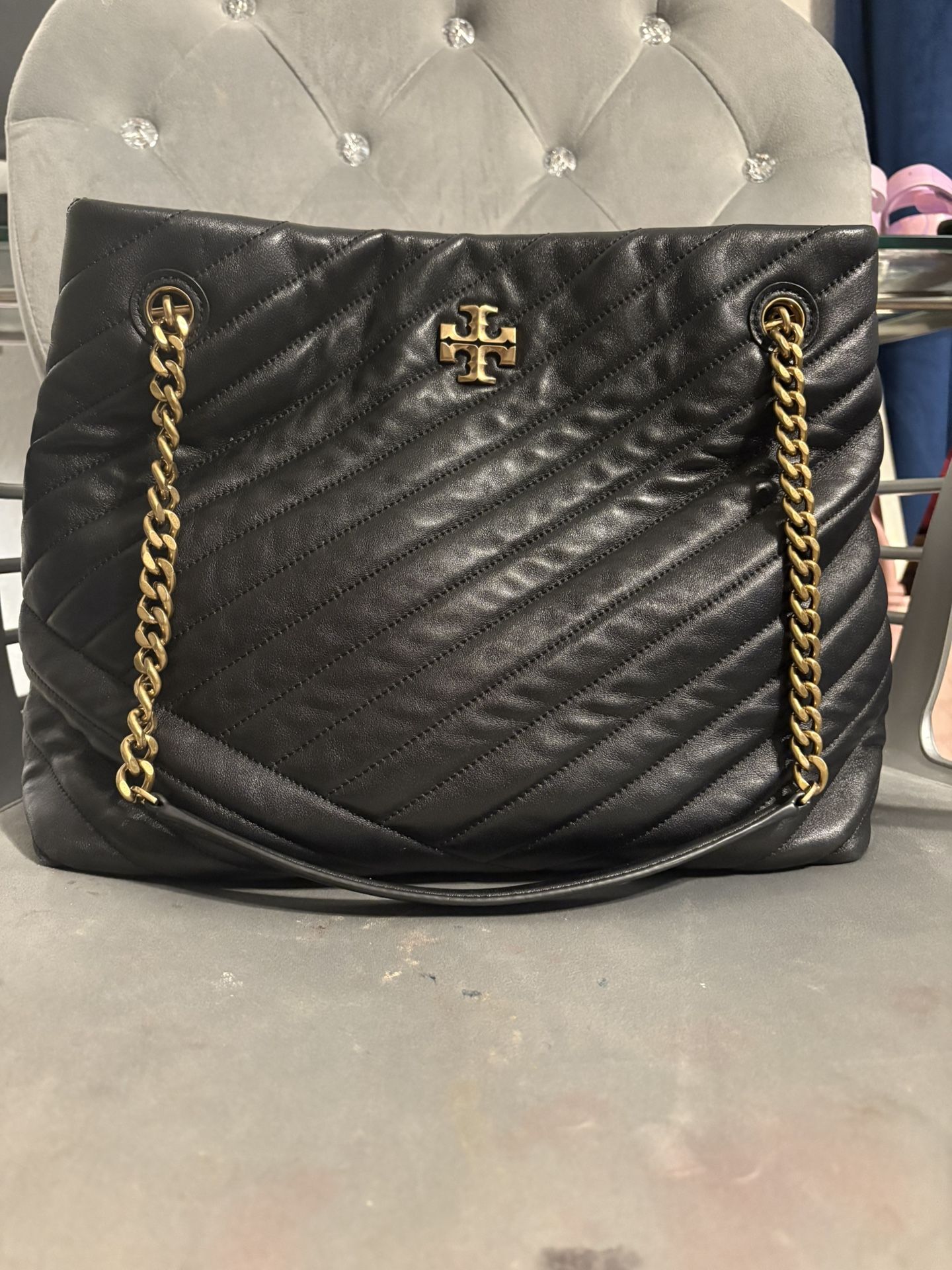 Tory Burch Kira Black Chevron Quilted Tote