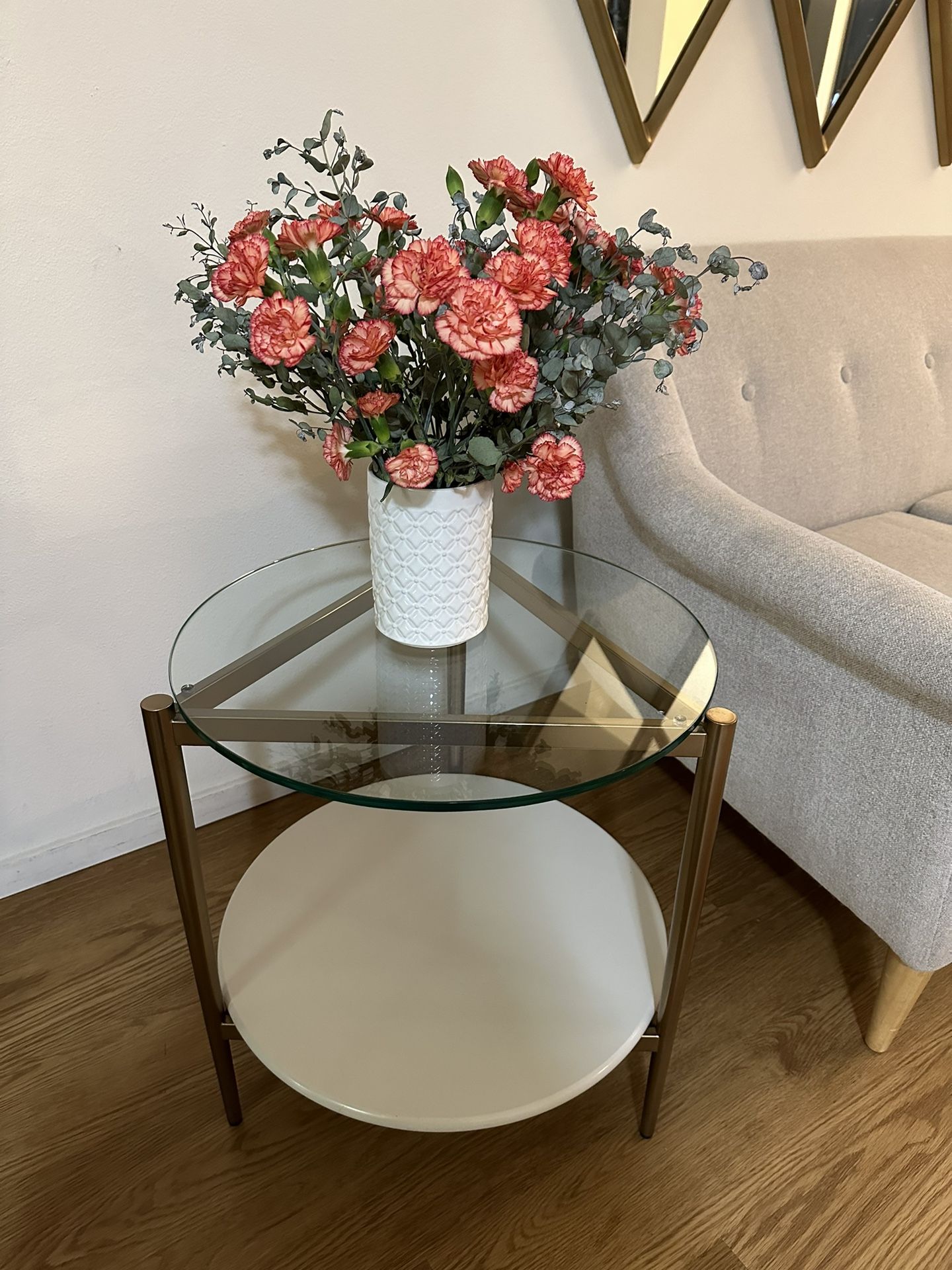 West Elm, Mid-Century Art Display 20” Side Table, Cloud, Glass, Light Bronze