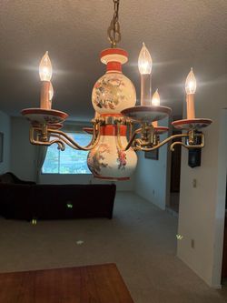 Vintage Porcelain Chandelier Floral and Gold