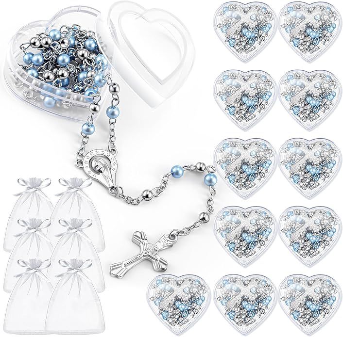 12 X Wholesale Bulk Faux Pear Rosaries for Baptism, Wedding, Rosary Favor blue Pearl Recuerdos para Primera Comunion Memorial Religious Favor with Box